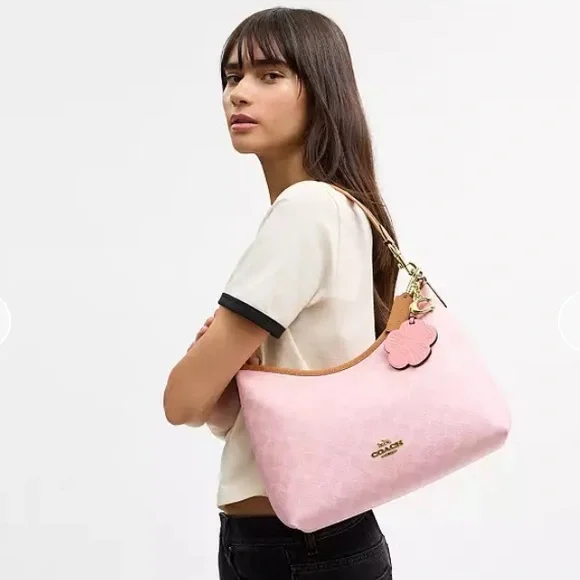 NWT Coach Powder Pink Laurel Signature Shoulder Bag with Flower Charm - Picture 2 of 4